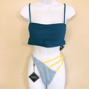 ZAFUL Ribbed Bandeau Lace Back Contrast Binding Strappy Bikini Swim Set Size L/8